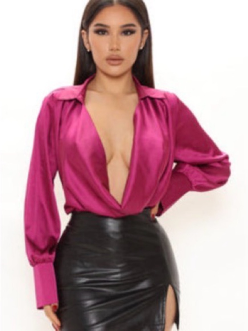 Fashion Nova Satin Deep V Blouse in Fuchsia